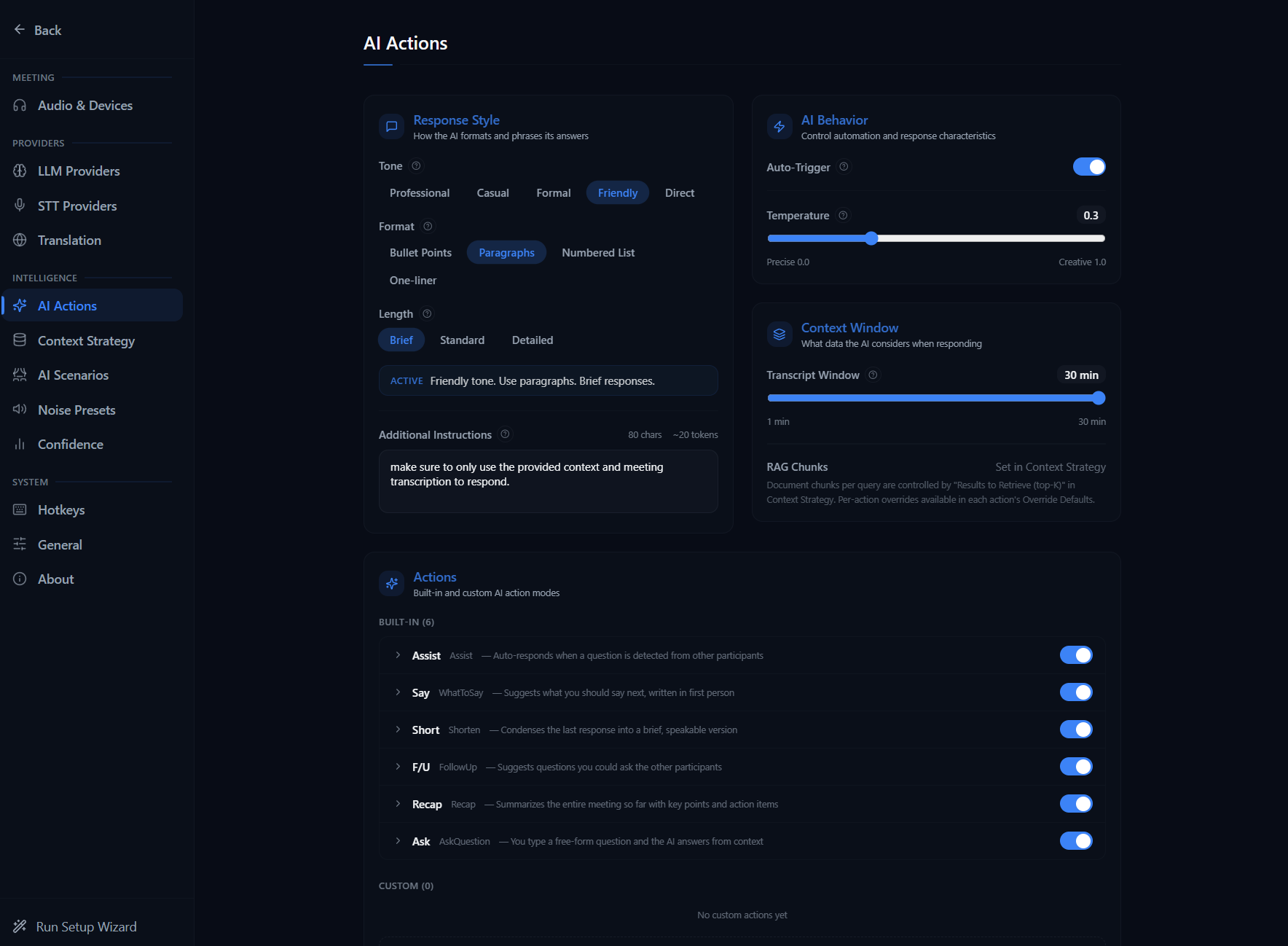 AI Actions settings panel