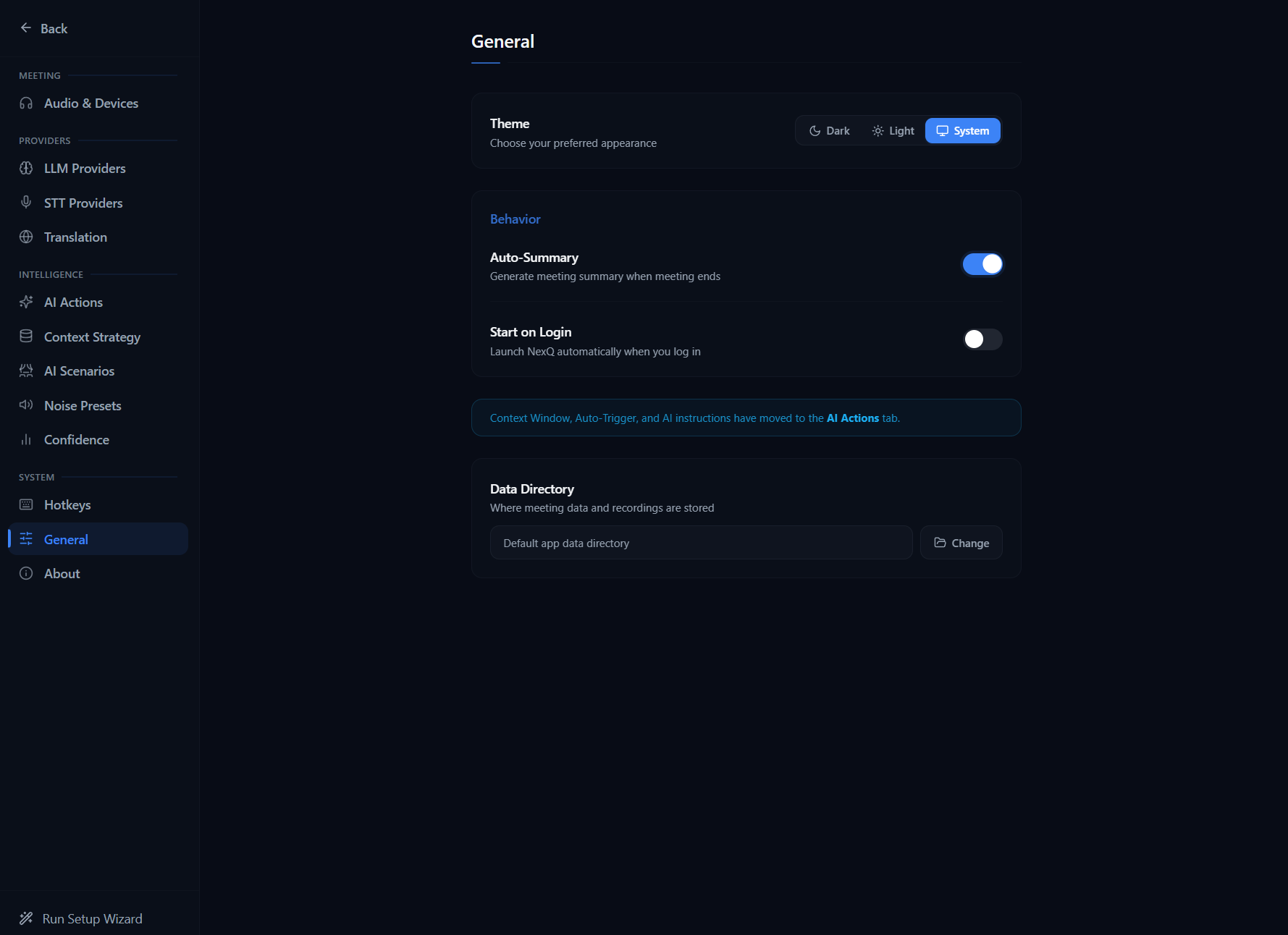 General settings panel