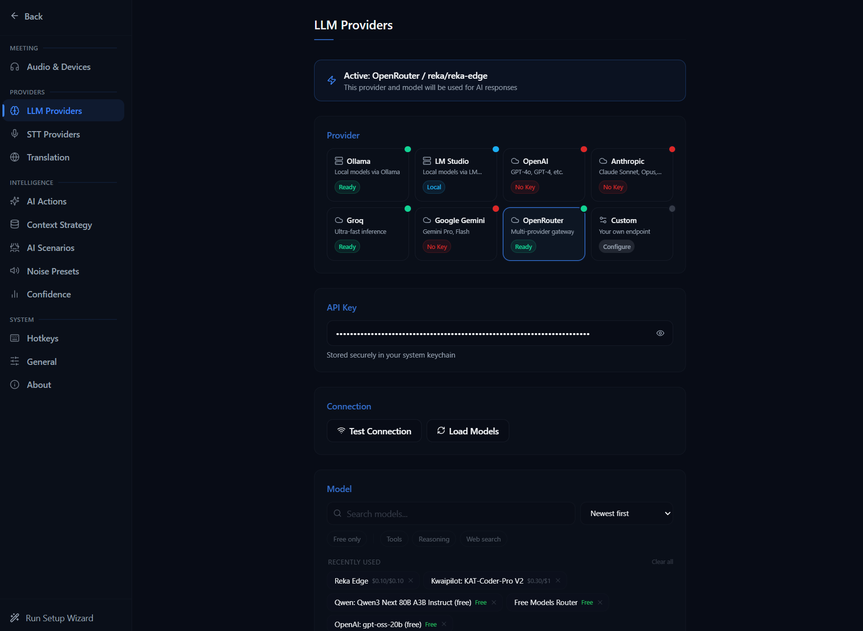 LLM Providers settings panel