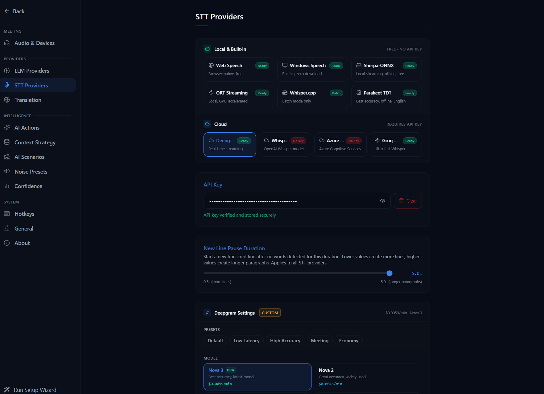 STT Providers settings panel