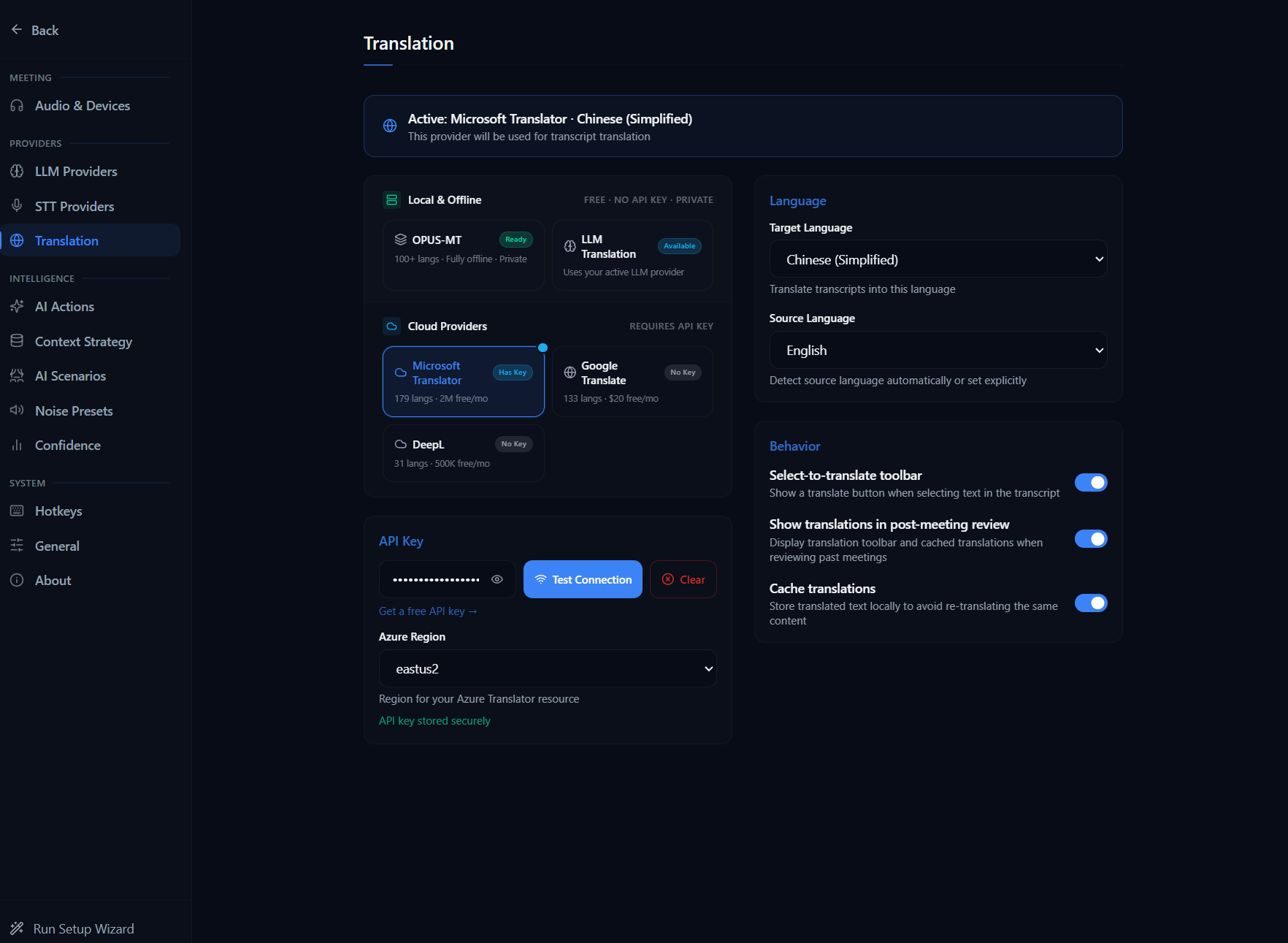 Translation settings panel