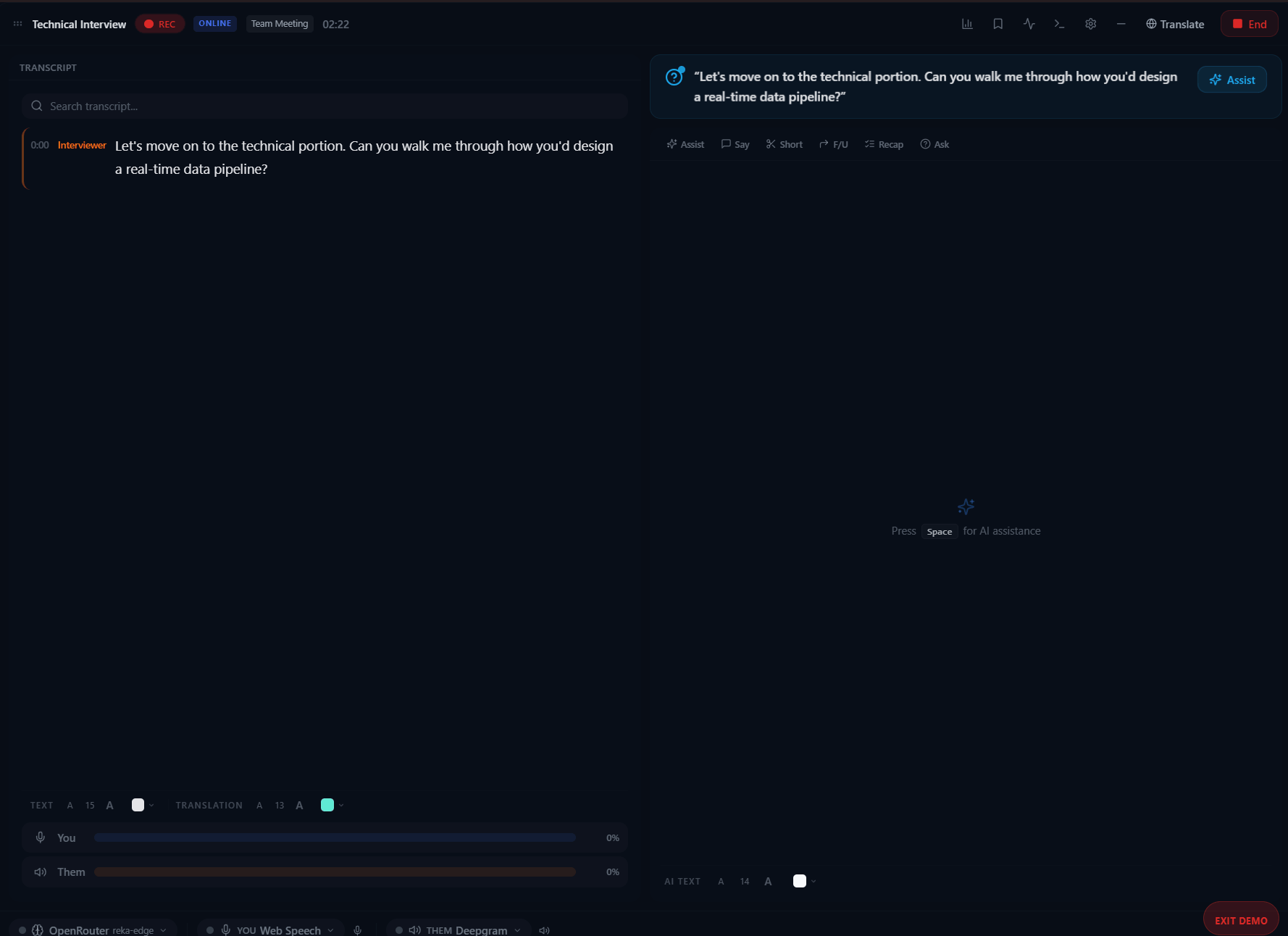 NexQ in action — live meeting with transcript, translation, and AI assist